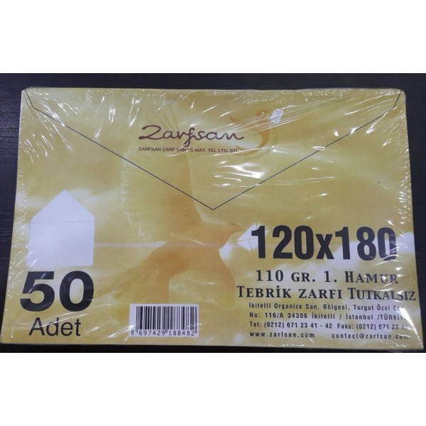 Zarfsan 110 Gr. 120x180 Tebrik Zarfı Tutkalsız 50 Li