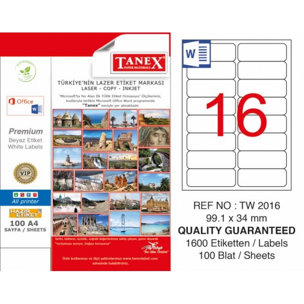 TANEX TW-2016 LASER ETİKET 100 LÜ PAKET 99,1X34 mm 